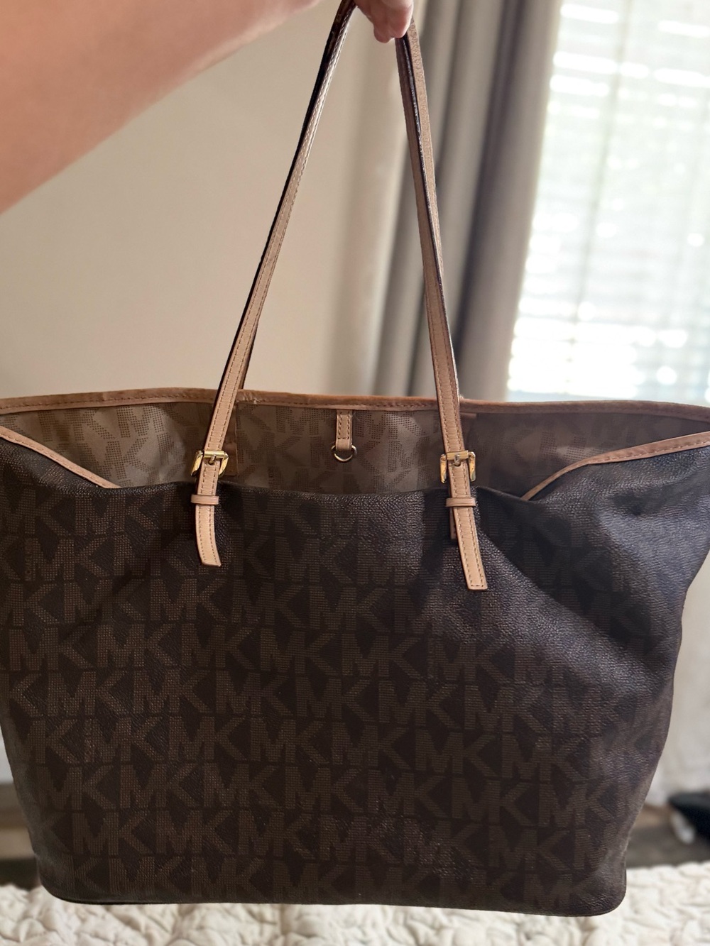 Michael Kors Dark Brown Logo Tote with Light Tan Straps